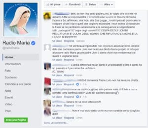 Screenshot dei commenti apparsi sulla pagina Facebook di Radio Maria